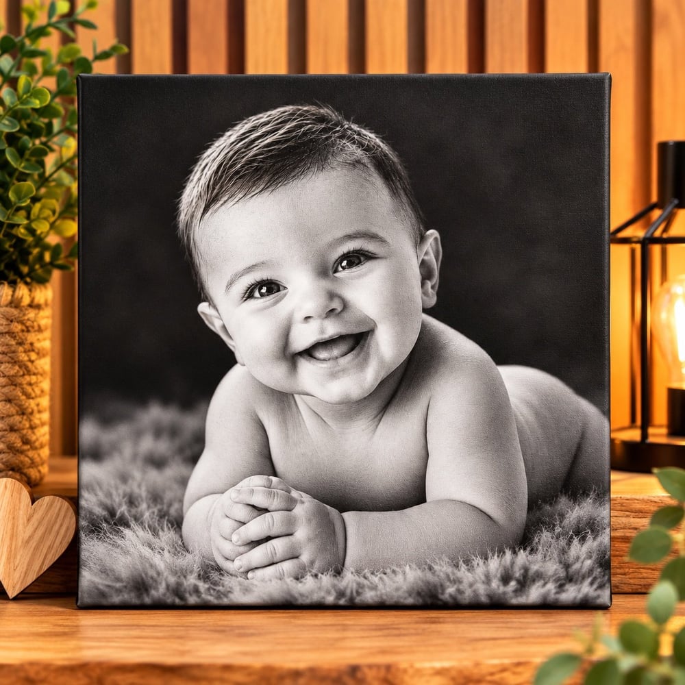 Portrait Bébé – Gravure Photo Personnalisée sur Toile 25x25