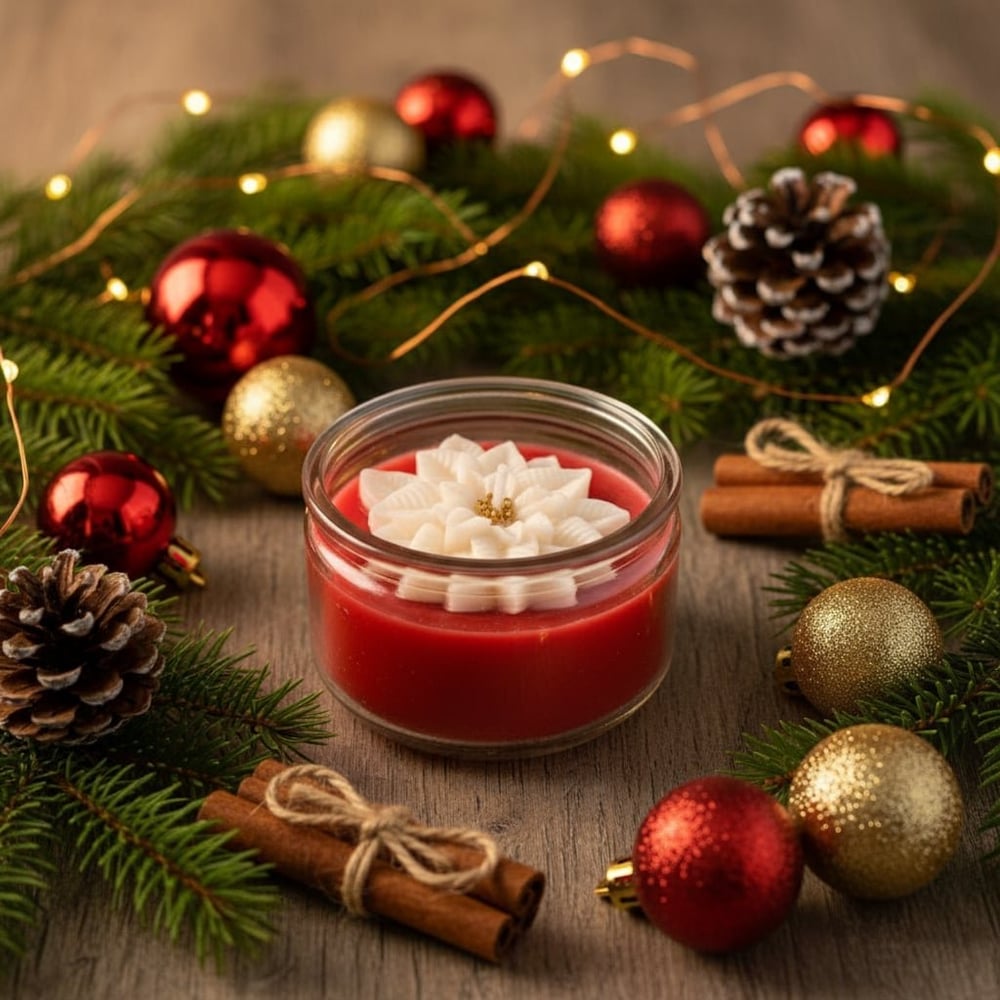 Petit pot bougies Noël Bio parfum fruits rouge avec fleur de Noêl