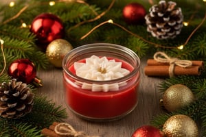 Petit pot bougies Noël Bio parfum fruits rouge avec fleur de Noêl