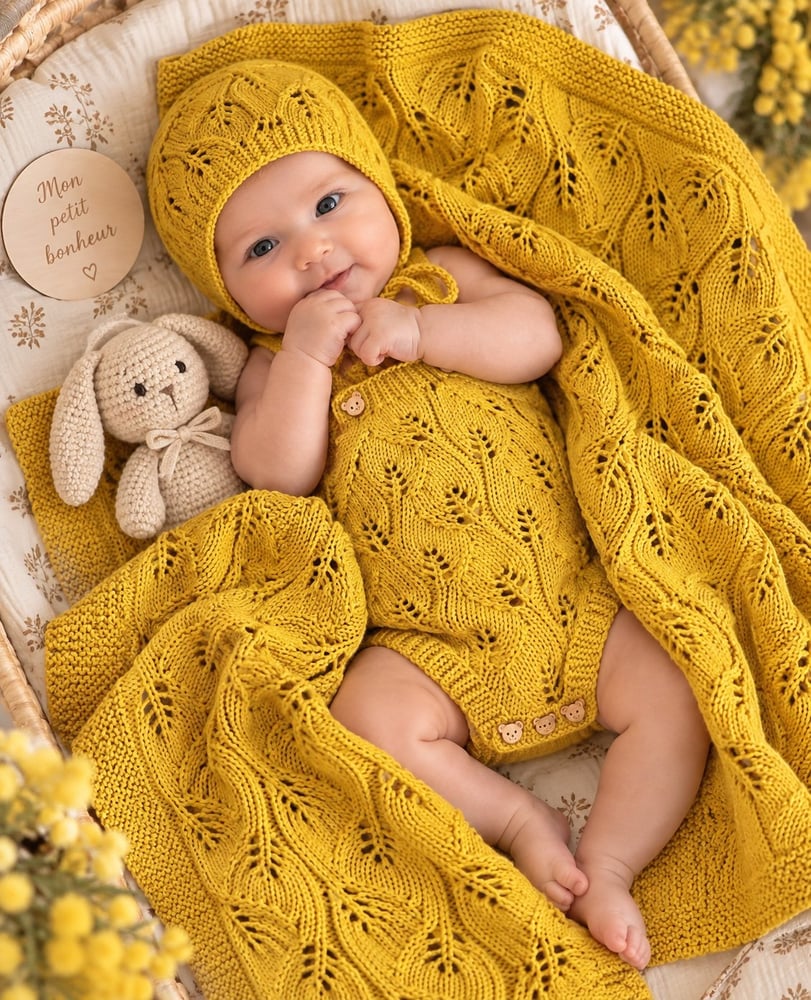Ensemble bébé fait main en coton naturel — de la naissance à 3 mois
