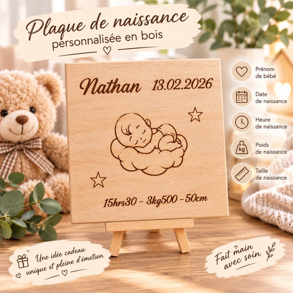 Plaque de naissance personnalisée en bois – Un souvenir unique 20x20