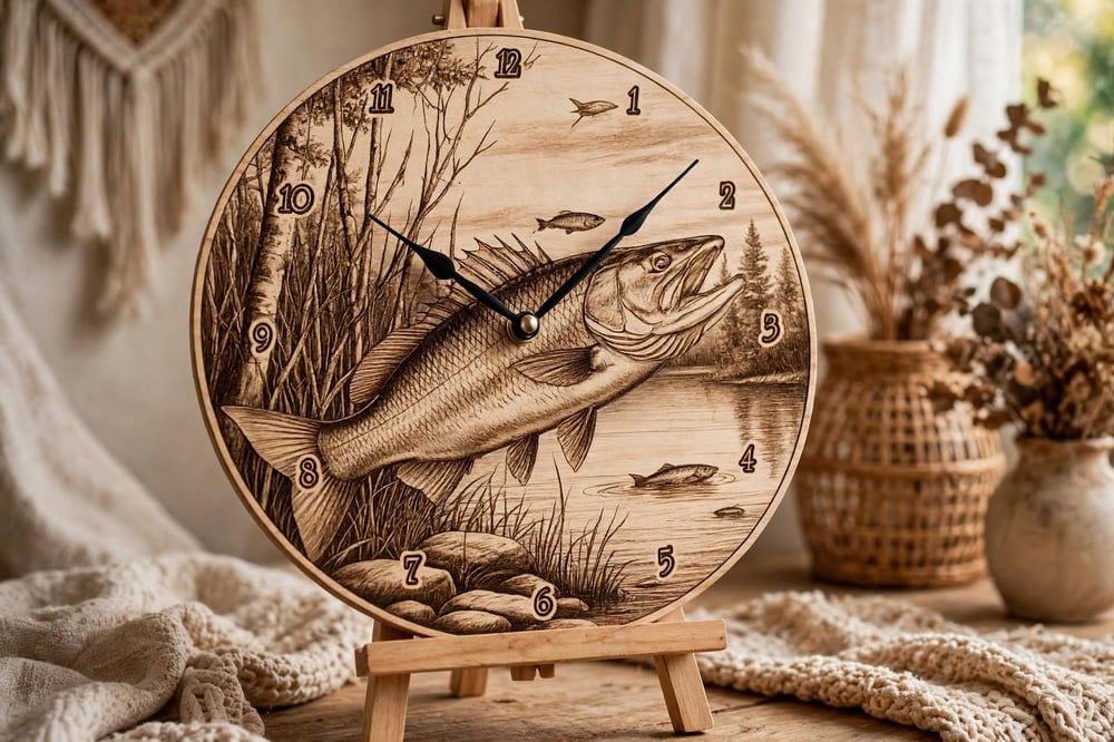 Horloge en Bois Gravée Pêche Brochet - Horloge Pêcheur Carnassier Okoumé 40 cm