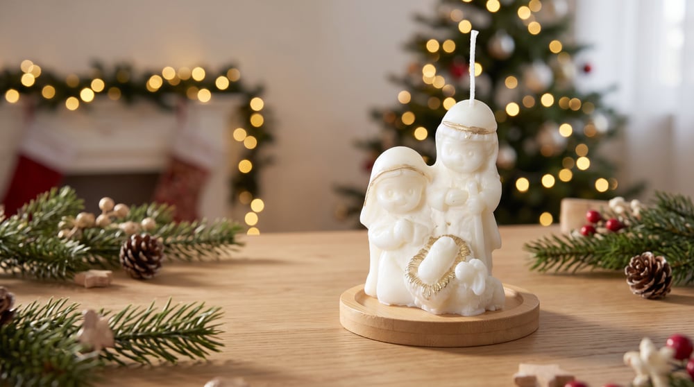 Bougie CRECHE de Noêl Bio parfumée sur sa coupelle en bois