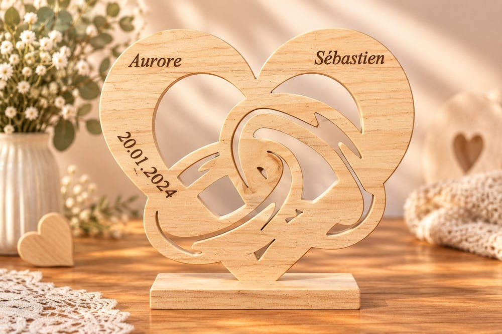 Cœur en bois personnalisé avec prénoms et date