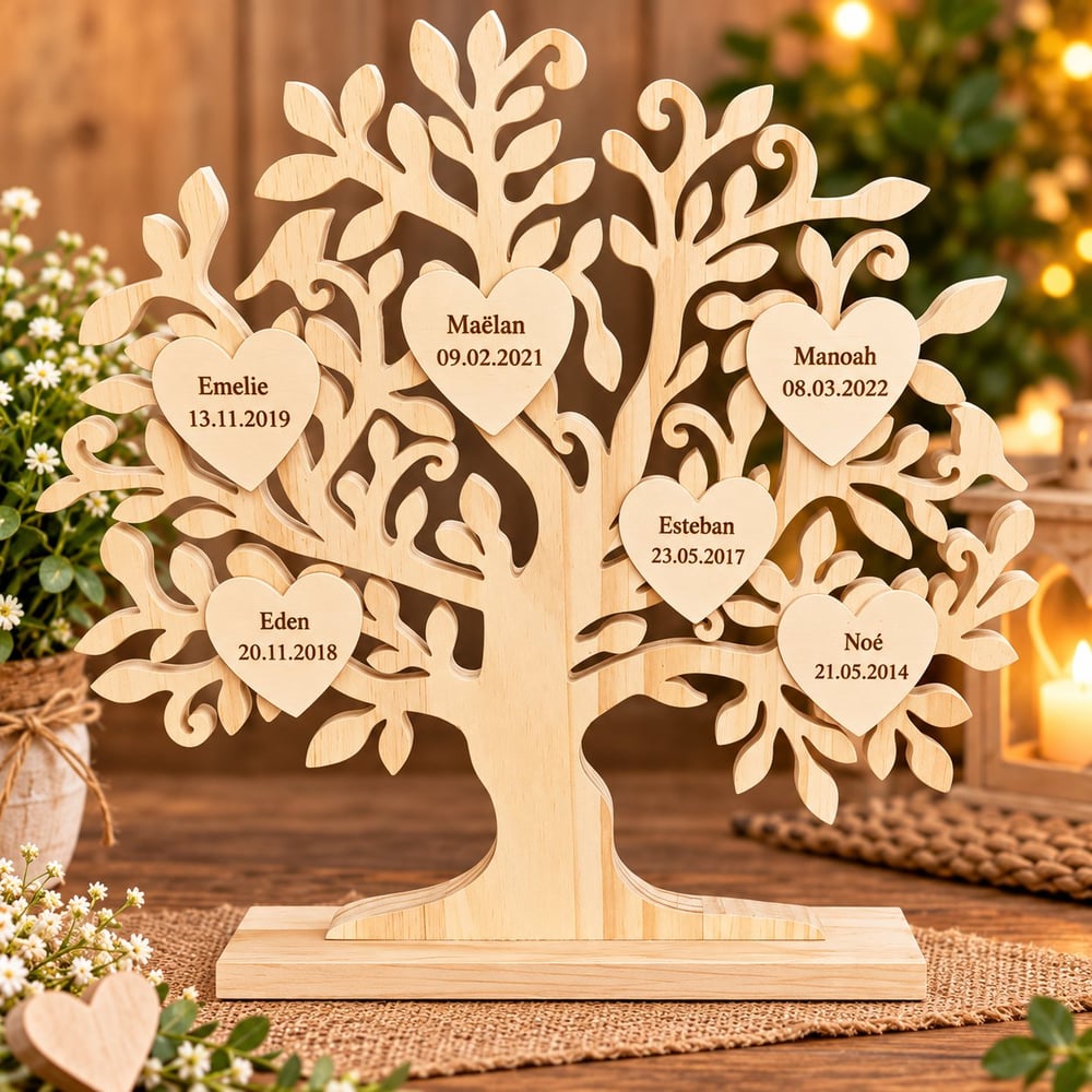 Arbre de Vie en Bois Personnalisé avec Prénoms et Dates de Naissance – Cadeau Famille