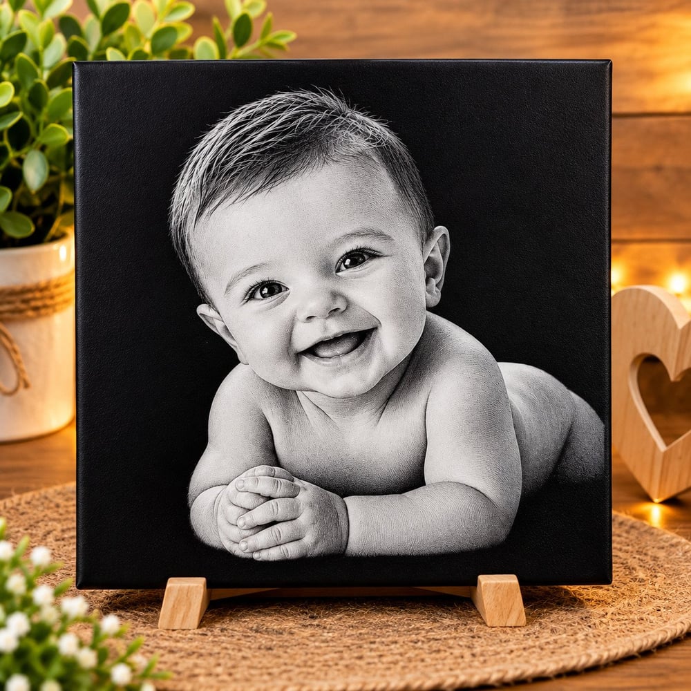 Portrait Bébé – Gravure Photo Personnalisée sur céramique 20x20