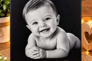 Portrait Bébé – Gravure Photo Personnalisée sur céramique 20x20