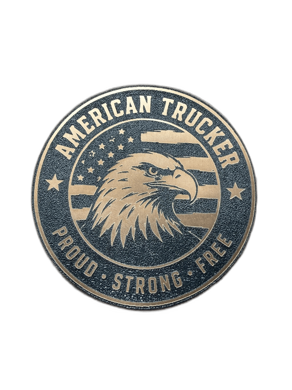 American Trucker Proud Strong Free circular gold emblem with bald eagle and American flag