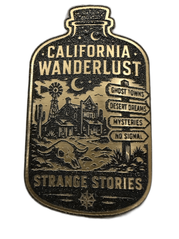 California Wanderlust Strange Stories bottle-shaped gold emblem with western desert scene