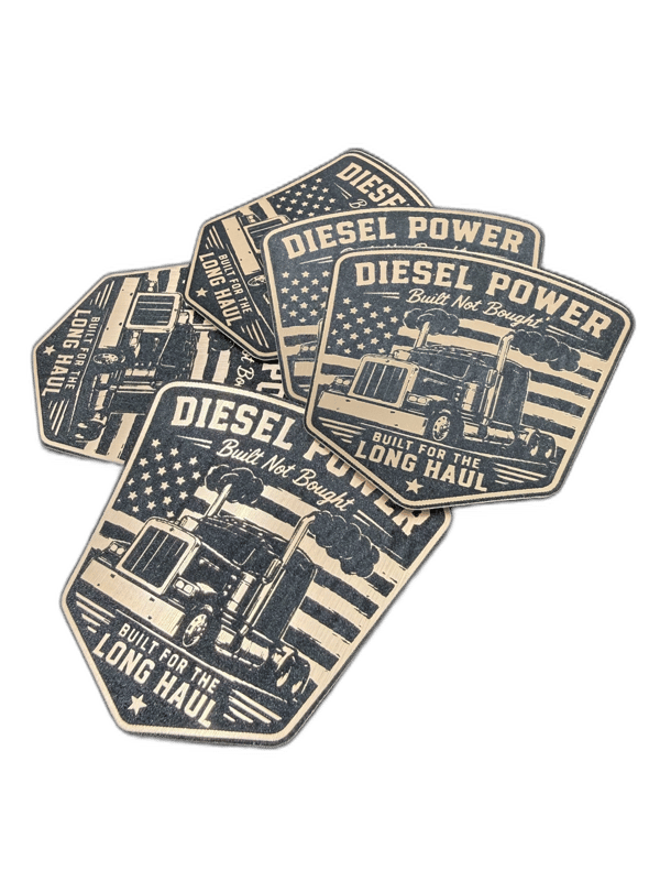 Diesel Power Built Not Bought silver shield emblem with semi truck and American flag