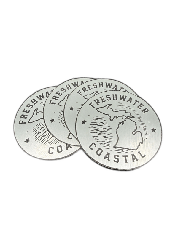 Freshwater Coastal circular silver emblem with Michigan map silhouette