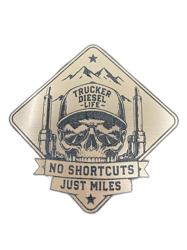No Shortcuts Just Miles diamond-shaped silver emblem with road and pine trees