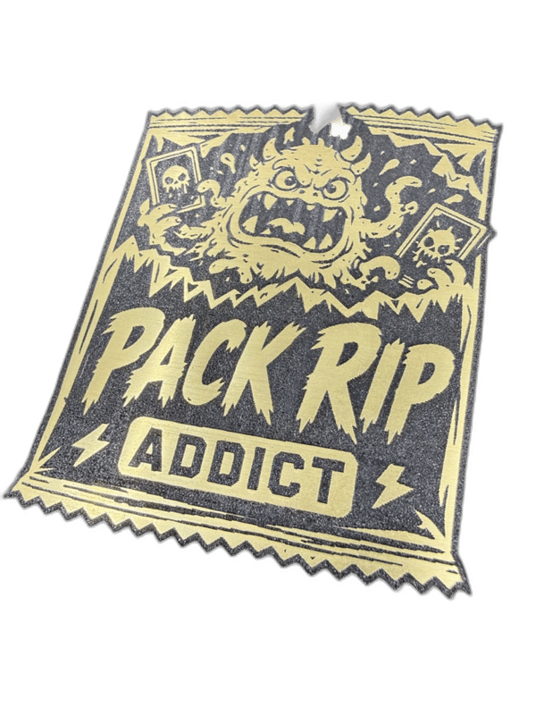 Pack Rip Addict trading-card-pack-shaped emblem with monster face emerging from torn wrapper
