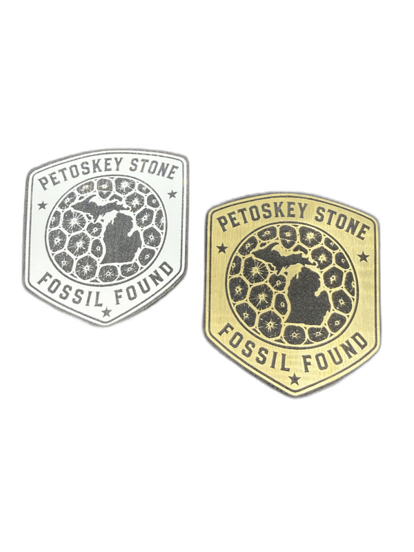 Petoskey Stone Fossil Found hexagonal emblem with Michigan map silhouette and Petoskey stone hexagonal pattern, in gold and silver
