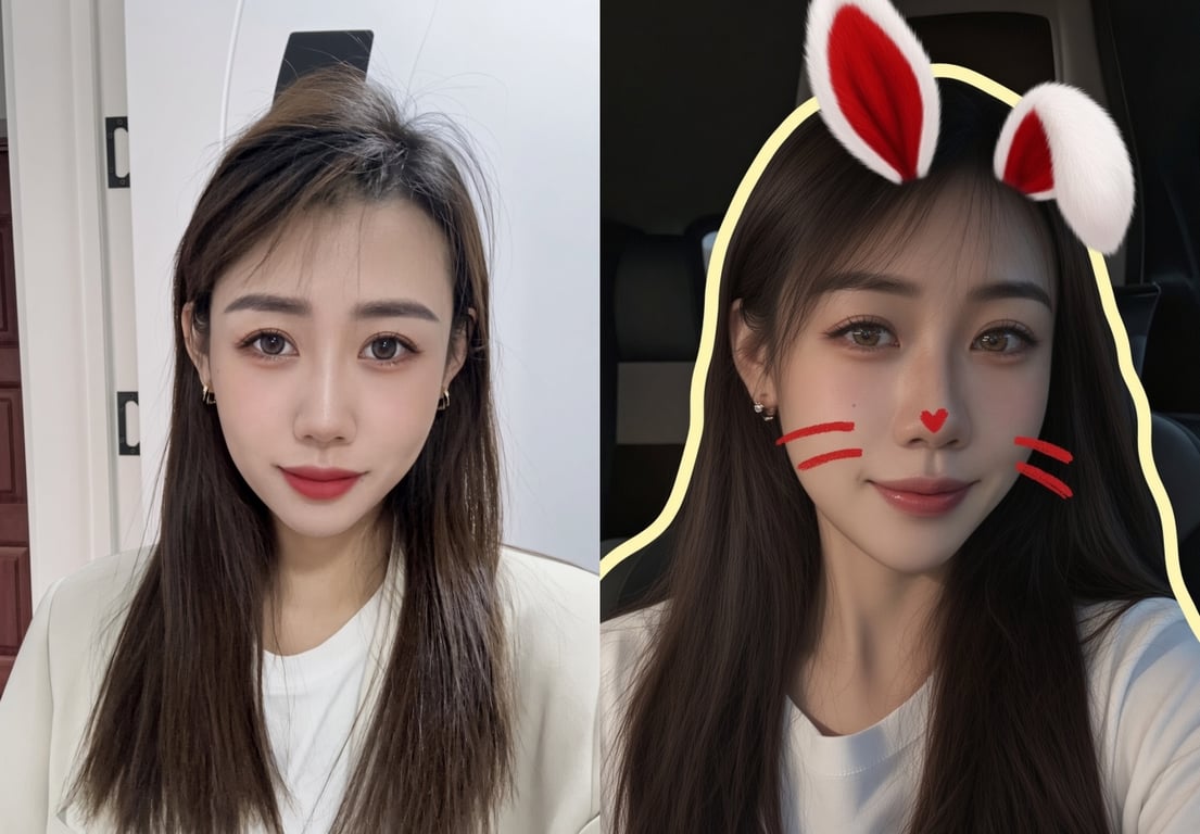 【原档高清泄露】大眼长发极品小姐姐全脸露镜激情实拍！兔耳甜笑卖萌自拍，丸子头黑丝 配图2