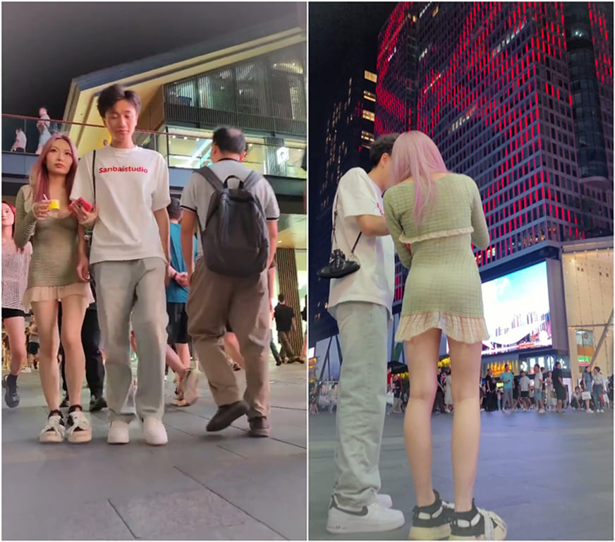 深夜步行街偷窥诱惑！绿色包臀裙CD美女与男友甜蜜逛街，白色窄内毛毛若隐若现❤️ - 老宋论坛-老宋论坛