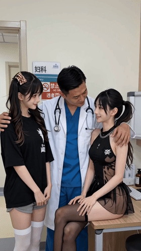 【AI自制小短剧】《日勤病栋下》经典日式剧情，双马尾与医生激情3P！ 配图3
