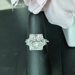 9.50 Tcw Radiant Trapezoid Moissanite Colorless Three Stone Engagement Micro Ring