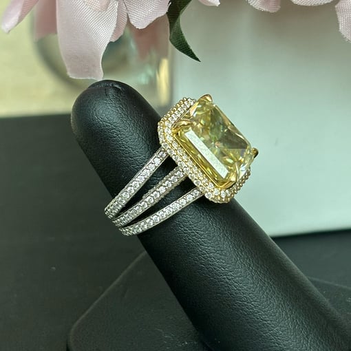 13.50 Tcw Radiant Yellow Moissanite Halo Pave Split Bands Cocktail Engagement Ring