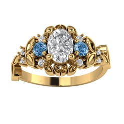 Oval Moissanite / Aquamarine Flower Engagement Ring