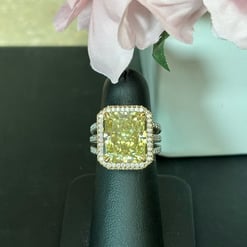 13.50 Tcw Radiant Yellow Moissanite Halo Pave Split Bands Cocktail Engagement Ring