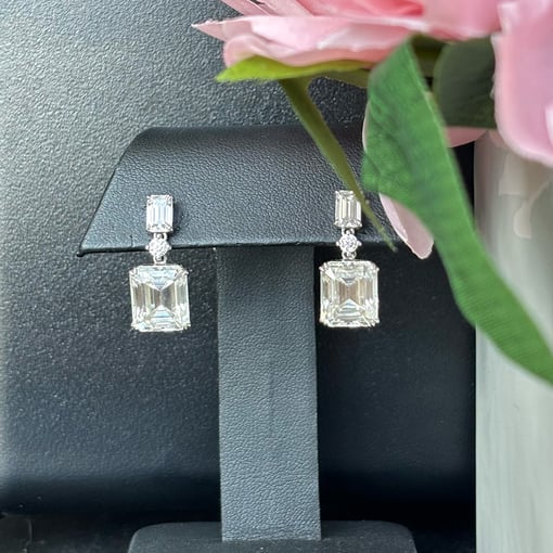 10.70 Tcw Emerald Moissanite Colorless Drop Earrings in White Gold