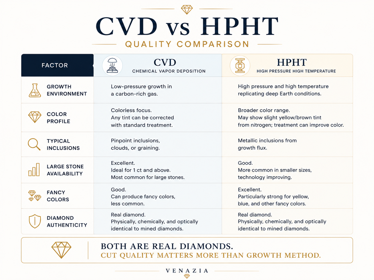 Comparison table infographic showing CVD vs HPHT lab-grown diamond differences across color, clarity, availability, and price