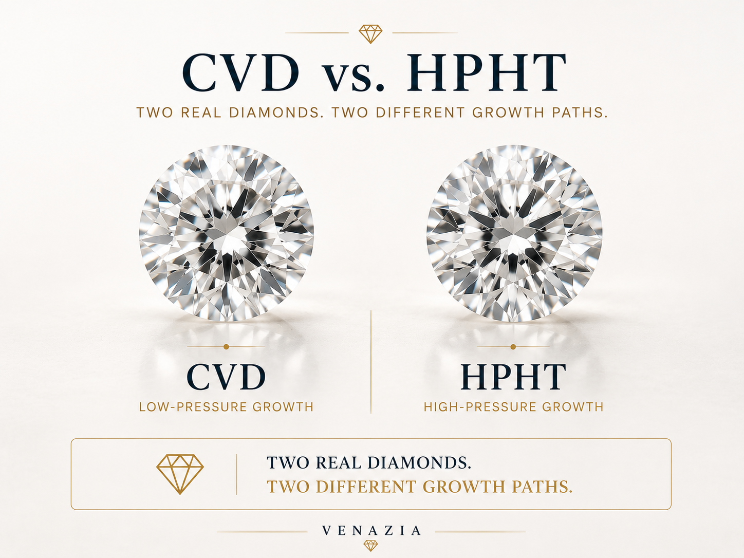 Technical diagram comparing the HPHT high-pressure growth chamber and the CVD vacuum deposition chamber for lab-grown diamonds