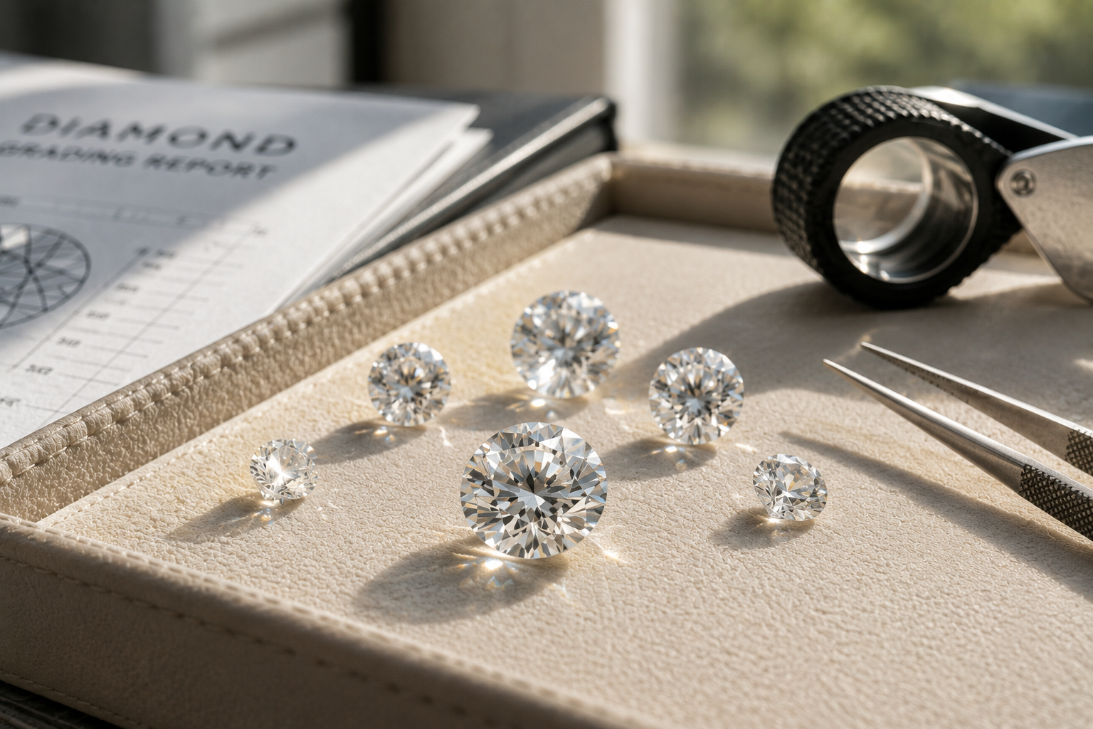 A round brilliant lab-grown diamond solitaire engagement ring blazing with brilliance on a woman's hand, held alongside her partner's