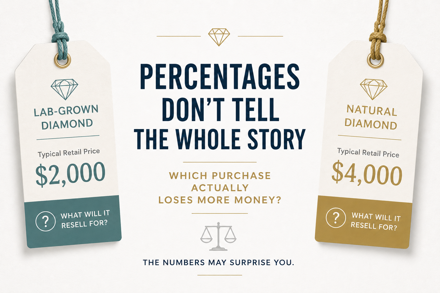 Bar chart comparing lab-grown and natural diamond resale value percentages and absolute dollar loss