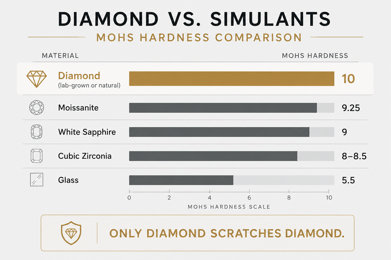 Hardness comparison chart showing lab-grown and natural diamonds at Mohs 10 versus moissanite, cubic zirconia, and other simulants