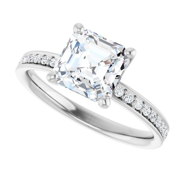 2.19 Asscher Moissanite DEF/VVS Classic Sidestone Engagement Ring in 14KW | View5 2.19 Asscher Moissanite DEF/VVS Classic Sidestone Engagement Ring in 14KW | View5
