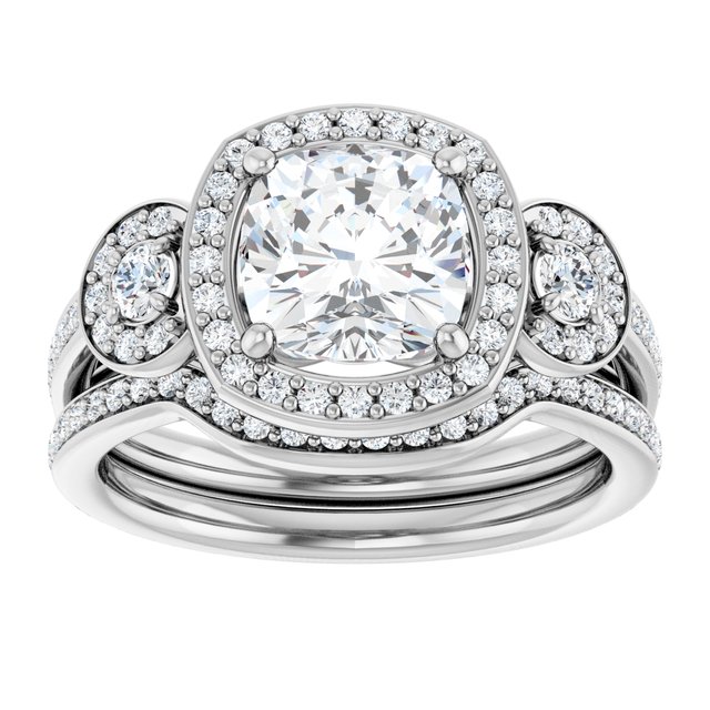 2.07 tcw Cushion Moissanite DEF/VVS Halo Three Stone Engagement Ring in 14KW | AllComponents_ViewS 2.07 tcw Cushion Moissanite DEF/VVS Halo Three Stone Engagement Ring in 14KW | AllComponents_ViewS