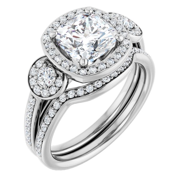 2.07 tcw Cushion Moissanite DEF/VVS Halo Three Stone Engagement Ring in 14KW | AllComponents_ViewA 2.07 tcw Cushion Moissanite DEF/VVS Halo Three Stone Engagement Ring in 14KW | AllComponents_ViewA