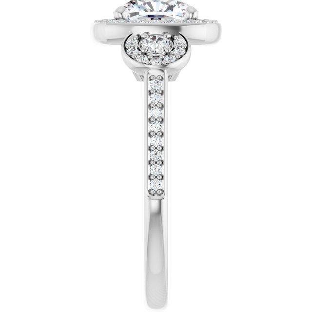 2.07 tcw Cushion Moissanite DEF/VVS Halo Three Stone Engagement Ring in 14KW | ViewE 2.07 tcw Cushion Moissanite DEF/VVS Halo Three Stone Engagement Ring in 14KW | ViewE