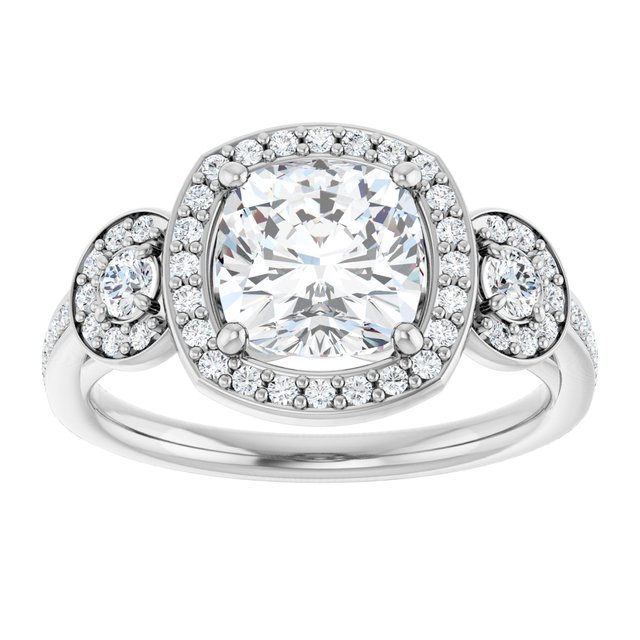 2.07 tcw Cushion Moissanite DEF/VVS Halo Three Stone Engagement Ring in 14KW | ViewS 2.07 tcw Cushion Moissanite DEF/VVS Halo Three Stone Engagement Ring in 14KW | ViewS