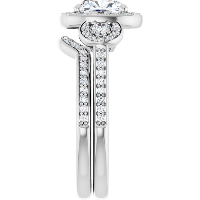 2.07 tcw Cushion Moissanite DEF/VVS Halo Three Stone Engagement Ring in 14KW | AllComponents_ViewE 2.07 tcw Cushion Moissanite DEF/VVS Halo Three Stone Engagement Ring in 14KW | AllComponents_ViewE