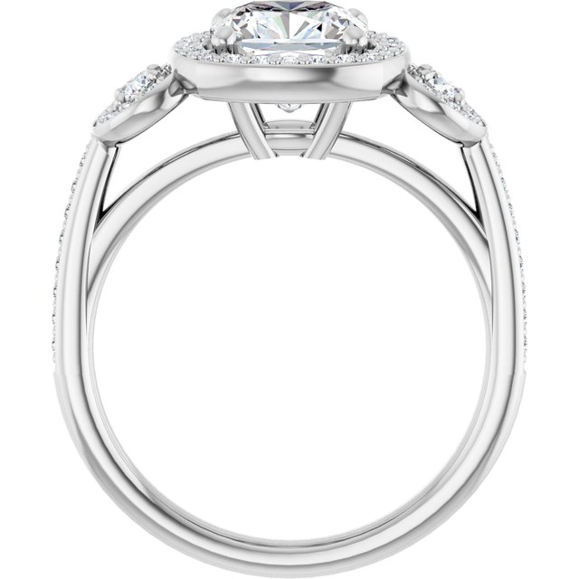 2.07 tcw Cushion Moissanite DEF/VVS Halo Three Stone Engagement Ring in 14KW | ViewB_4 2.07 tcw Cushion Moissanite DEF/VVS Halo Three Stone Engagement Ring in 14KW | ViewB_4