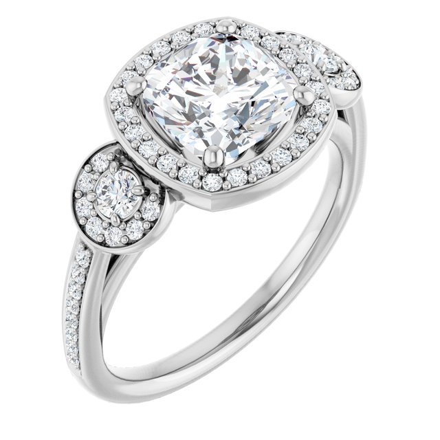 2.07 tcw Cushion Moissanite DEF/VVS Halo Three Stone Engagement Ring in 14KW | ViewA 2.07 tcw Cushion Moissanite DEF/VVS Halo Three Stone Engagement Ring in 14KW | ViewA