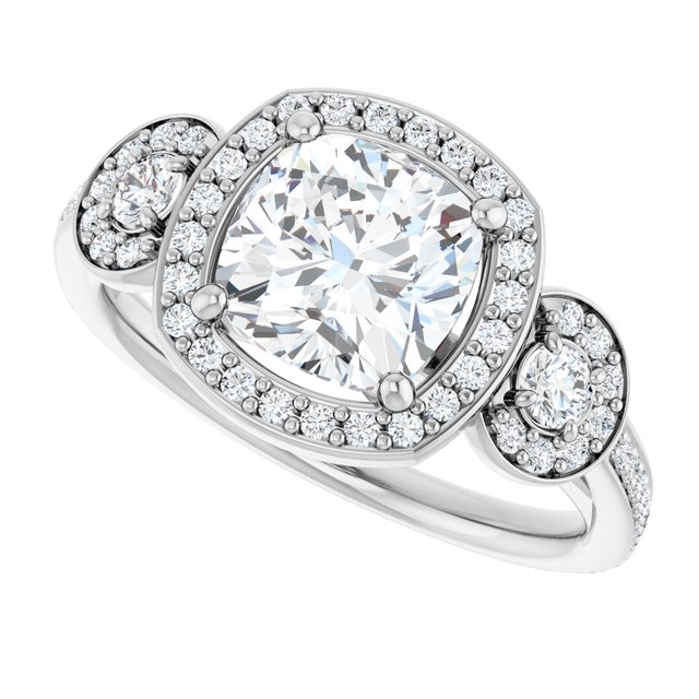 2.07 tcw Cushion Moissanite DEF/VVS Halo Three Stone Engagement Ring in 14KW | View5 2.07 tcw Cushion Moissanite DEF/VVS Halo Three Stone Engagement Ring in 14KW | View5