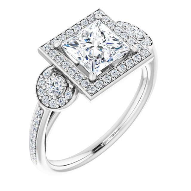 1.69 tcw Square Lab-Grown EF/VS1+ Halo Three Stone Engagement Ring in PLAT | ViewA 1.69 tcw Square Lab-Grown EF/VS1+ Halo Three Stone Engagement Ring in PLAT | ViewA