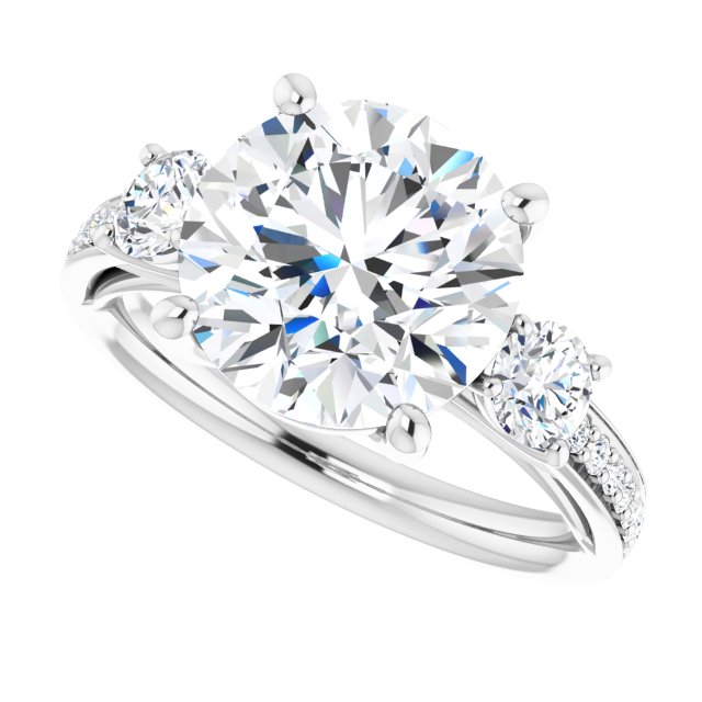 4.22 tcw Round Moissanite DEF/VVS Trellis Three Stone Engagement Ring in 14KW | View5 4.22 tcw Round Moissanite DEF/VVS Trellis Three Stone Engagement Ring in 14KW | View5