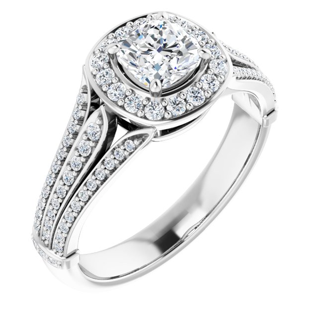 0.93 Tcw Cushion Diamond GH/VS2+ Geometric Halo Engagement Ring in PLAT | ViewA 0.93 Tcw Cushion Diamond GH/VS2+ Geometric Halo Engagement Ring in PLAT | ViewA