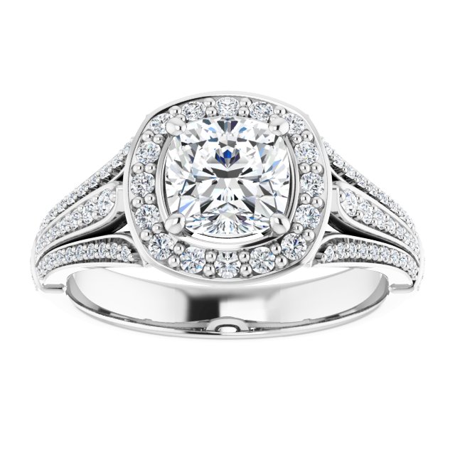 1.43 Tcw Cushion Moissanite DEF/VVS Geometric Halo Engagement Ring in PLAT | ViewS 1.43 Tcw Cushion Moissanite DEF/VVS Geometric Halo Engagement Ring in PLAT | ViewS