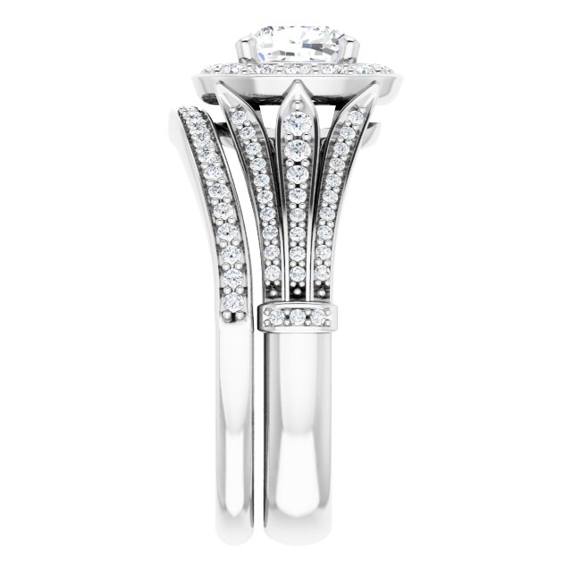 1.43 Tcw Cushion Moissanite DEF/VVS Geometric Halo Engagement Ring in PLAT | AllComponents_ViewE 1.43 Tcw Cushion Moissanite DEF/VVS Geometric Halo Engagement Ring in PLAT | AllComponents_ViewE