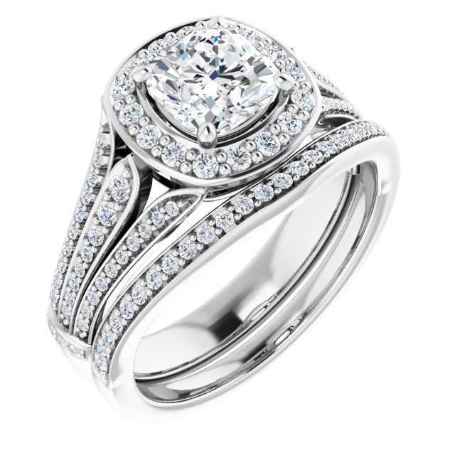 1.43 Tcw Cushion Moissanite DEF/VVS Geometric Halo Engagement Ring in PLAT | AllComponents_ViewA 1.43 Tcw Cushion Moissanite DEF/VVS Geometric Halo Engagement Ring in PLAT | AllComponents_ViewA