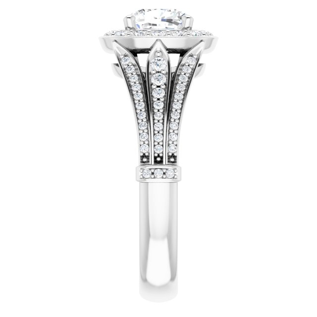 1.43 Tcw Cushion Moissanite DEF/VVS Geometric Halo Engagement Ring in PLAT | ViewE 1.43 Tcw Cushion Moissanite DEF/VVS Geometric Halo Engagement Ring in PLAT | ViewE