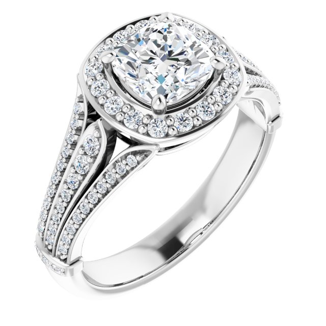 1.43 Tcw Cushion Moissanite DEF/VVS Geometric Halo Engagement Ring in PLAT | ViewA 1.43 Tcw Cushion Moissanite DEF/VVS Geometric Halo Engagement Ring in PLAT | ViewA