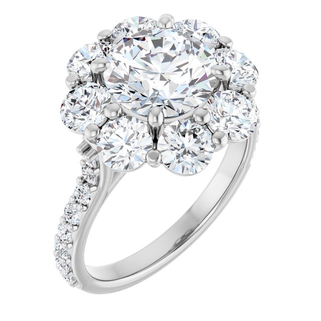4.36 Tcw Round Moissanite DEF/VVS Floral Halo Engagement Ring in 18KW | ViewA 4.36 Tcw Round Moissanite DEF/VVS Floral Halo Engagement Ring in 18KW | ViewA