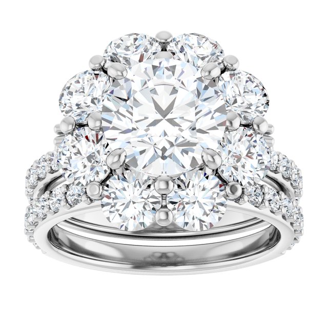 4.36 Tcw Round Moissanite DEF/VVS Floral Halo Engagement Ring in 18KW | AllComponents_ViewS 4.36 Tcw Round Moissanite DEF/VVS Floral Halo Engagement Ring in 18KW | AllComponents_ViewS